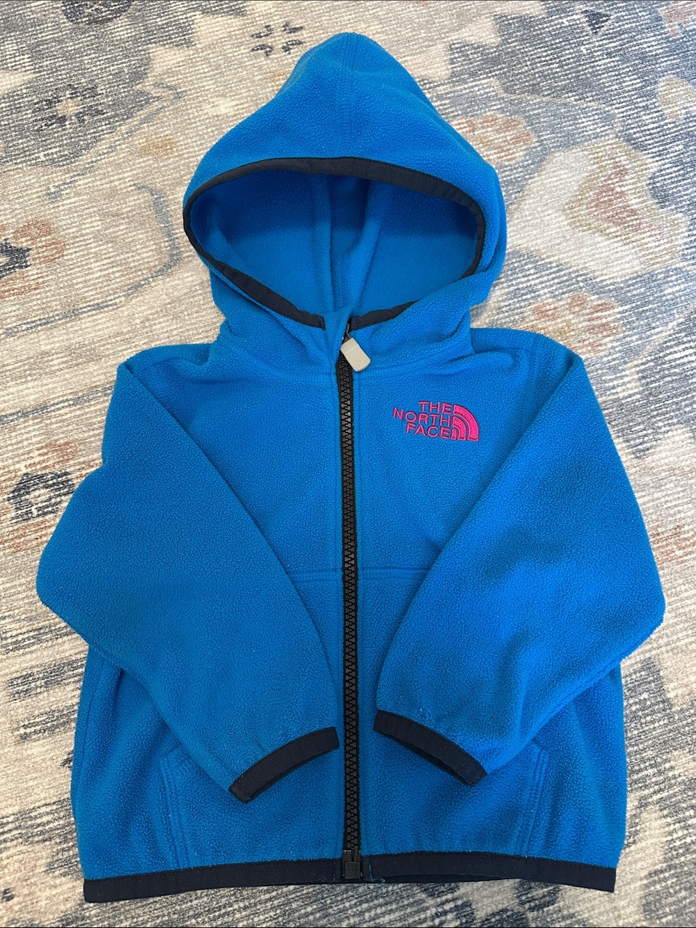 The North Face Bright Blue Kids' Hooded Fleece Jacket with Black Trim